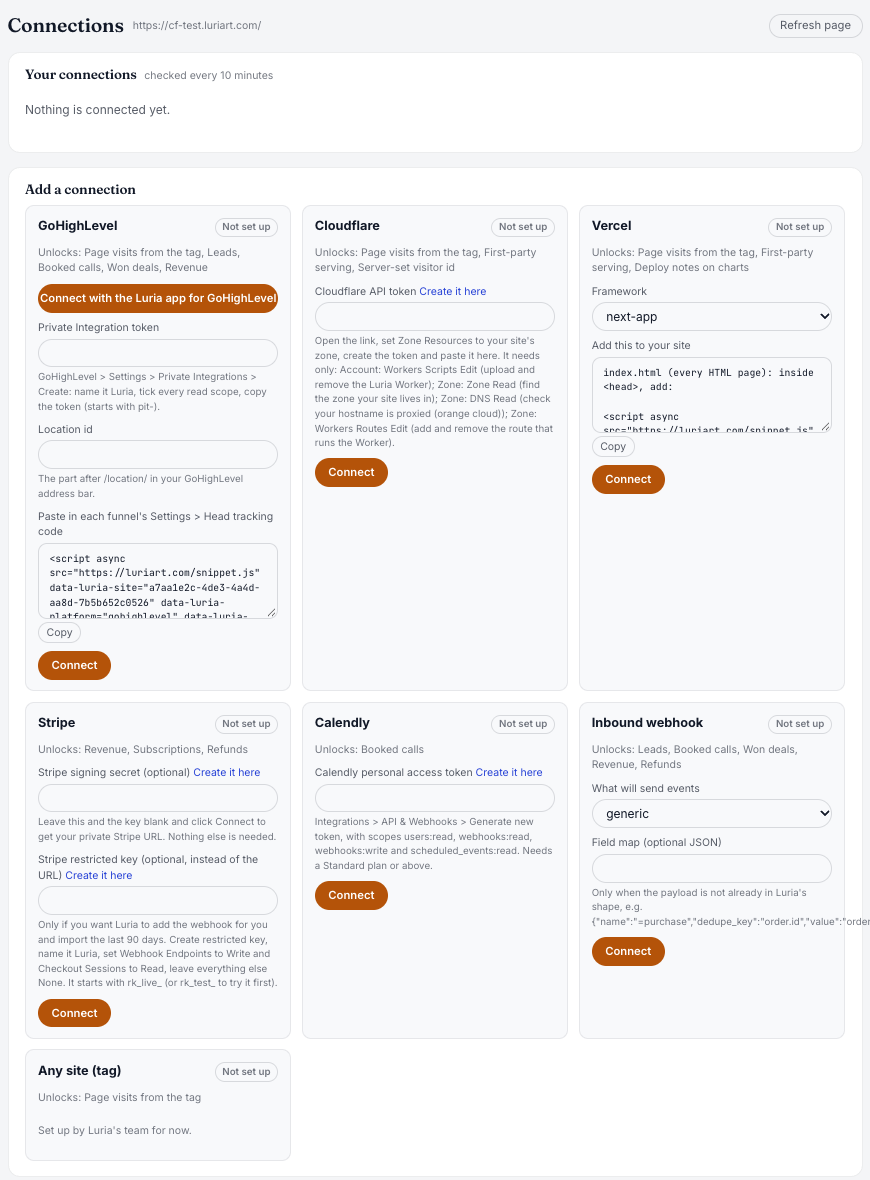 Luria Connections page with connected cards and the Add a connection section
