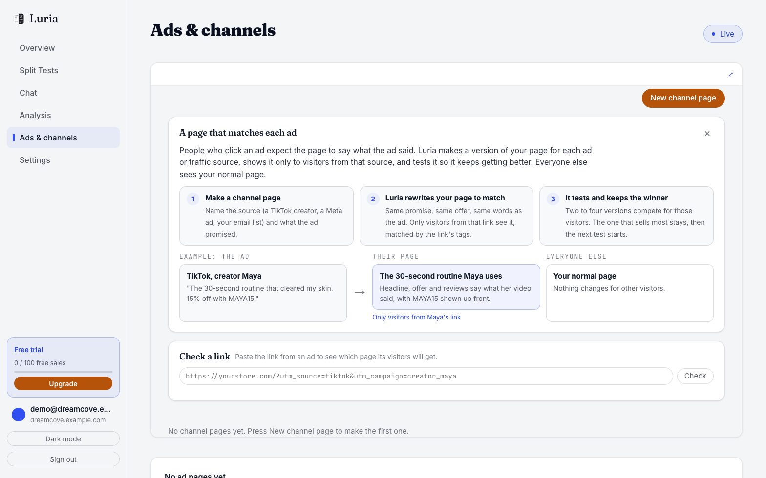Ads and channels tab with an ad card and its Copy link button