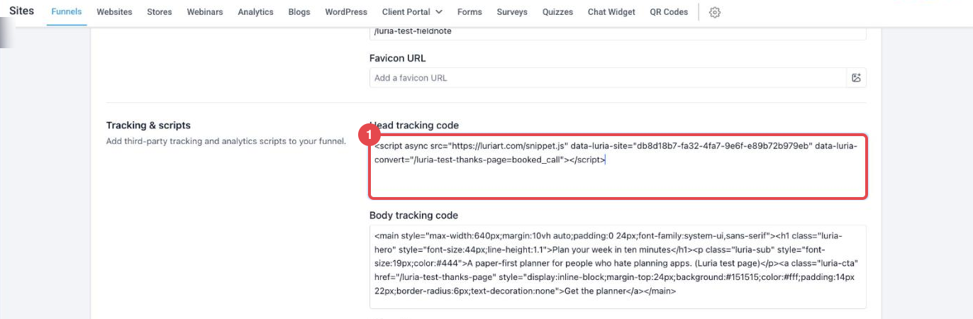 GoHighLevel funnel Settings tab with the Head tracking code box and Save button boxed