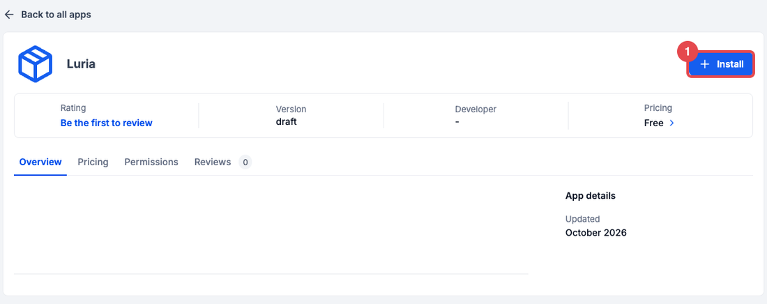 GoHighLevel app page for Luria with the Install button boxed