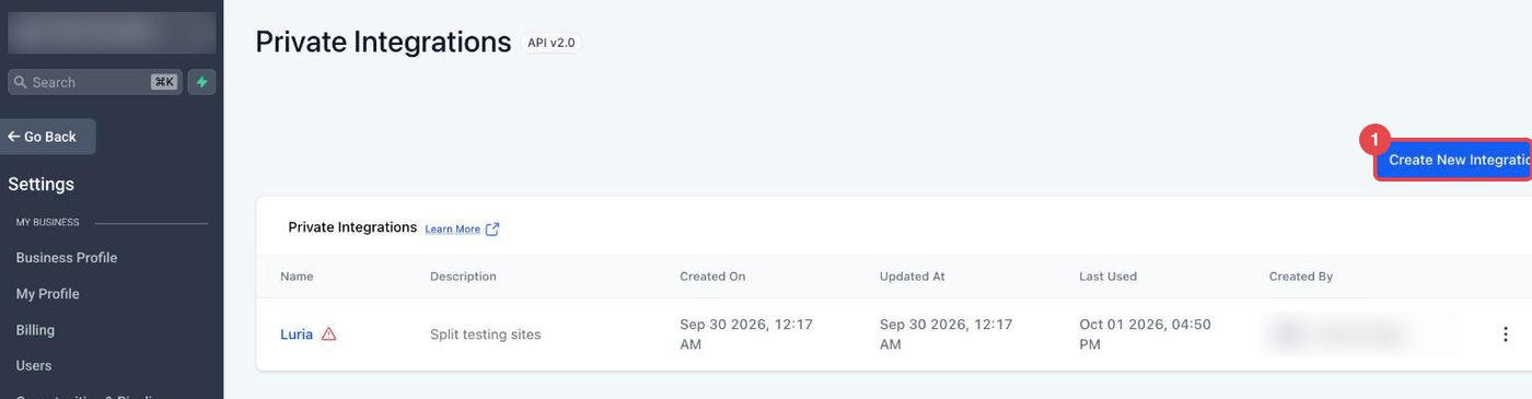 GoHighLevel Private Integrations page with Create New Integration boxed