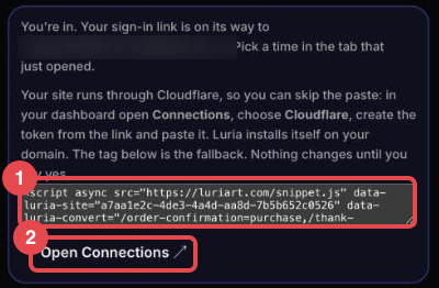 The finished onboarding card: the tag with the site id filled in and the Open Connections button