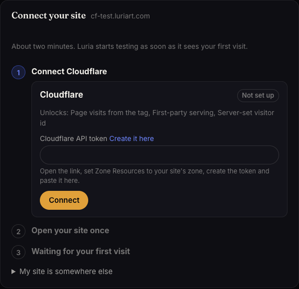 Connect your site pop-up with step 1 Connect Cloudflare, step 2 Open your site once, step 3 Waiting for your first visit