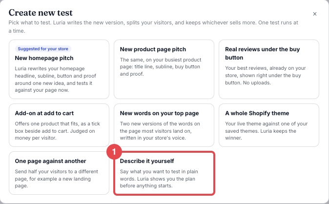 Create new test menu with Describe it yourself boxed