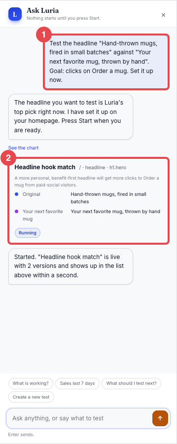 Ask Luria chat with the request and the plan card showing the original and the new headline